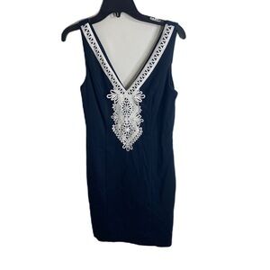 Eliza J Embroidered Sheath Dress Sz 6 Navy Blue White Sleeveless V-neck V-back